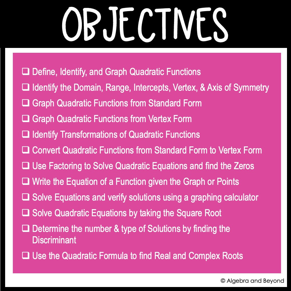 Quadratic Function Assessments | Quizzes | Study Guide | Test