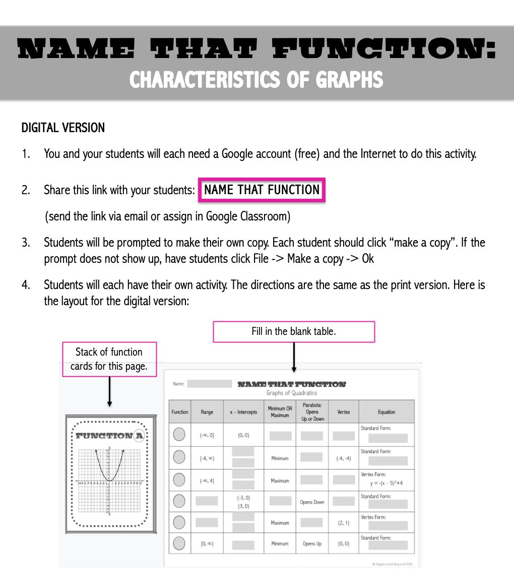 Graphs of Quadratic Functions | Name That Function | Matching Activity | Print and Digital
