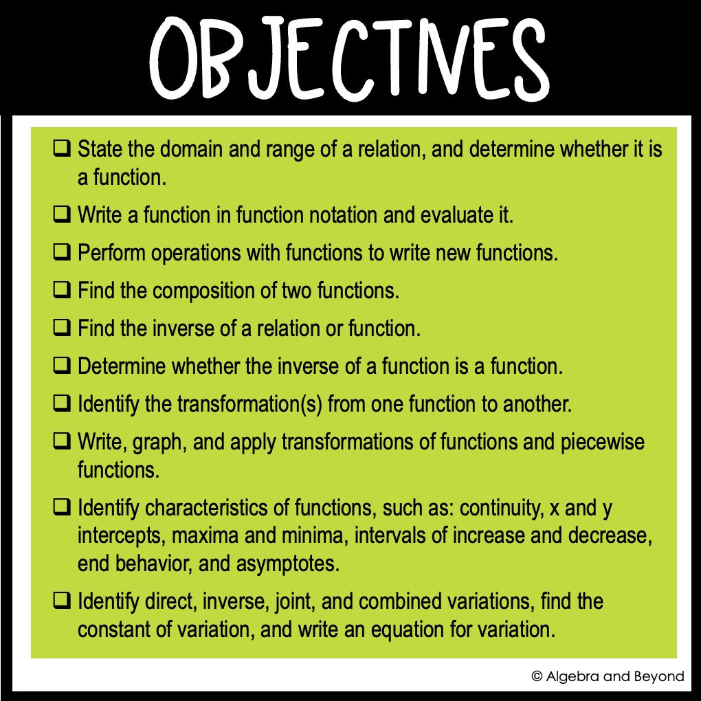 Functions and Graphs Assessments | Quizzes | Study Guide | Test