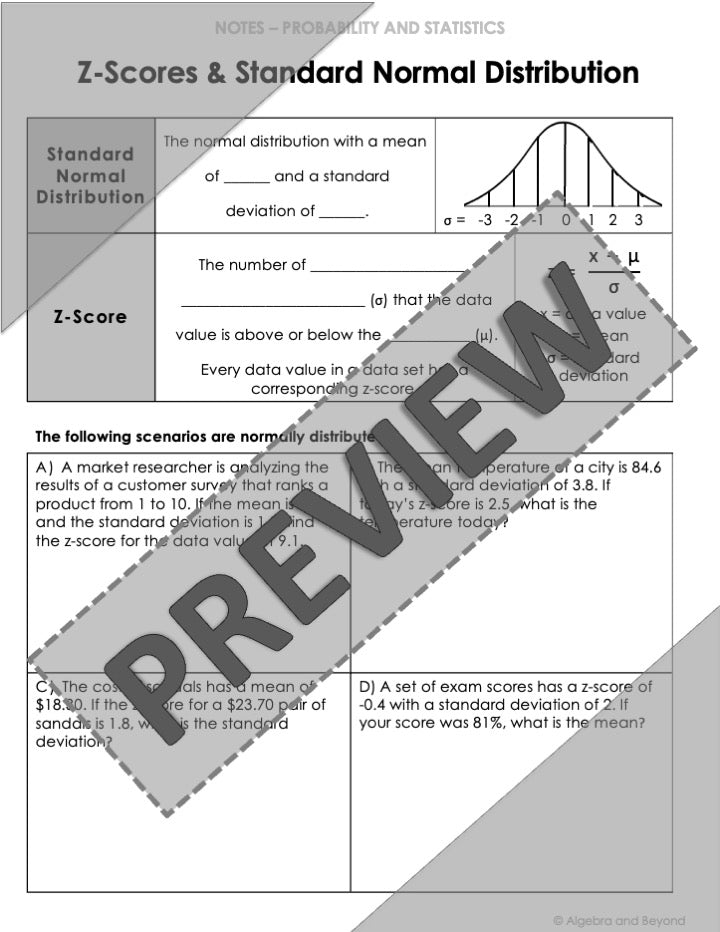 Z-Scores and Standard Normal Distribution Lesson | Warm-Up | Notes | Homework