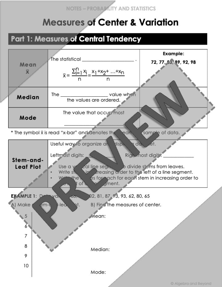 Measures of Center and Variation Lesson | Warm-Up | Notes | Homework