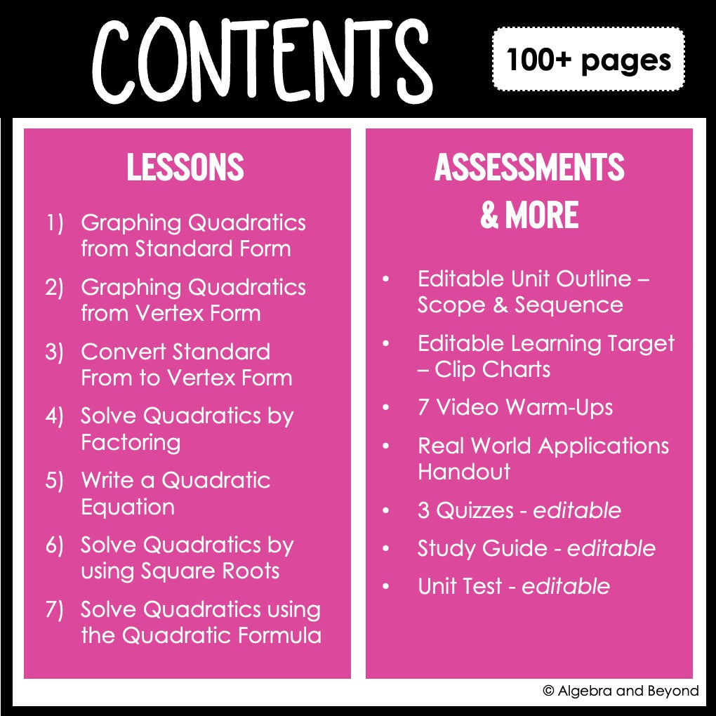 Quadratic Functions Unit Bundle | Algebra 2 | Guided Notes | Homework | Assessments