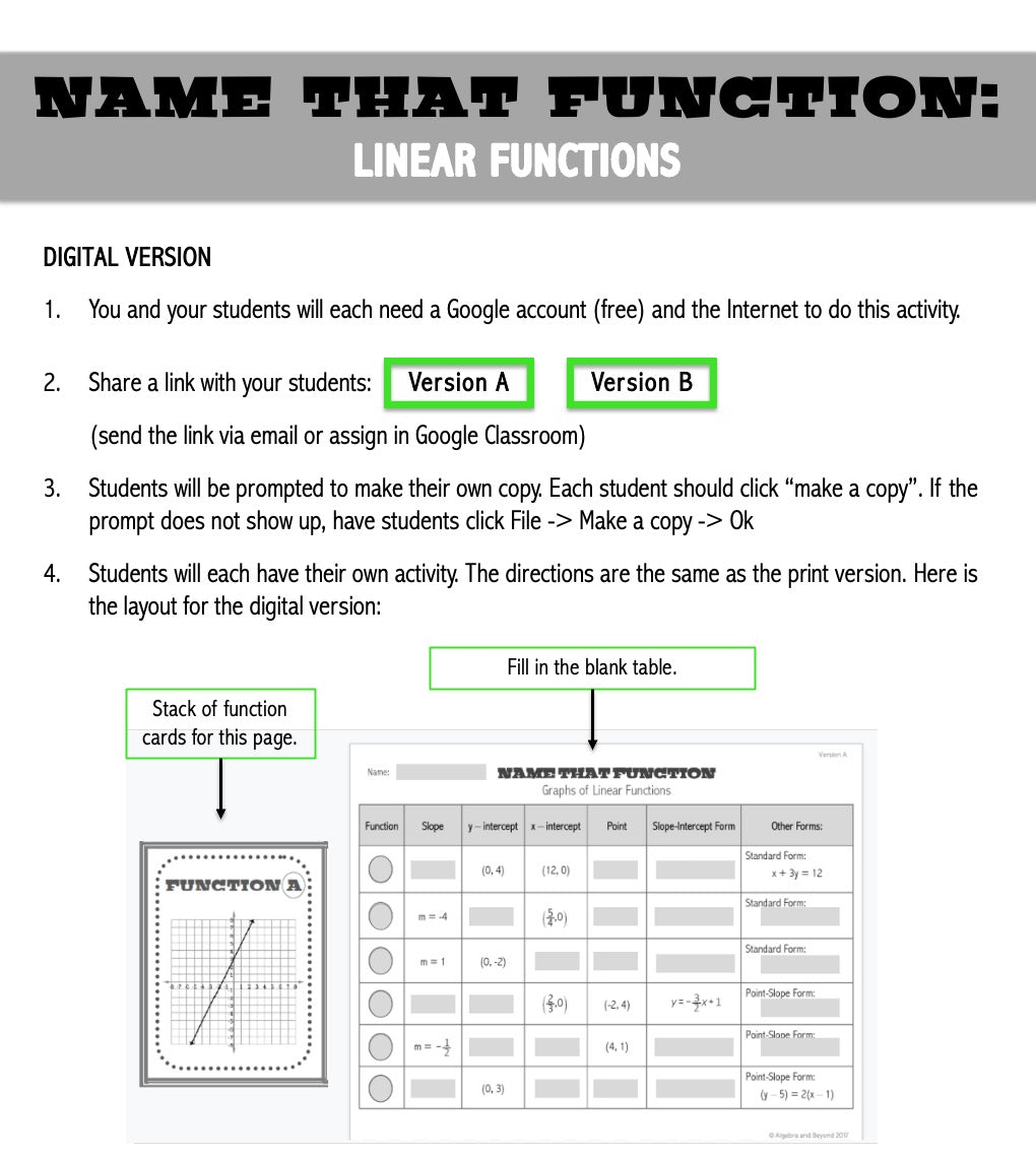 Linear Functions | Name That Function | Matching Activity | Print and Digital