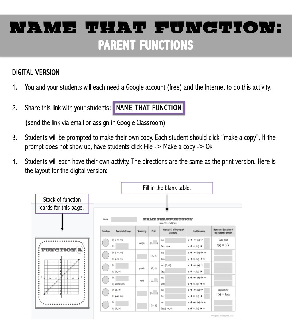 Parent Functions | Name That Function | Matching Activity | Print and Digital