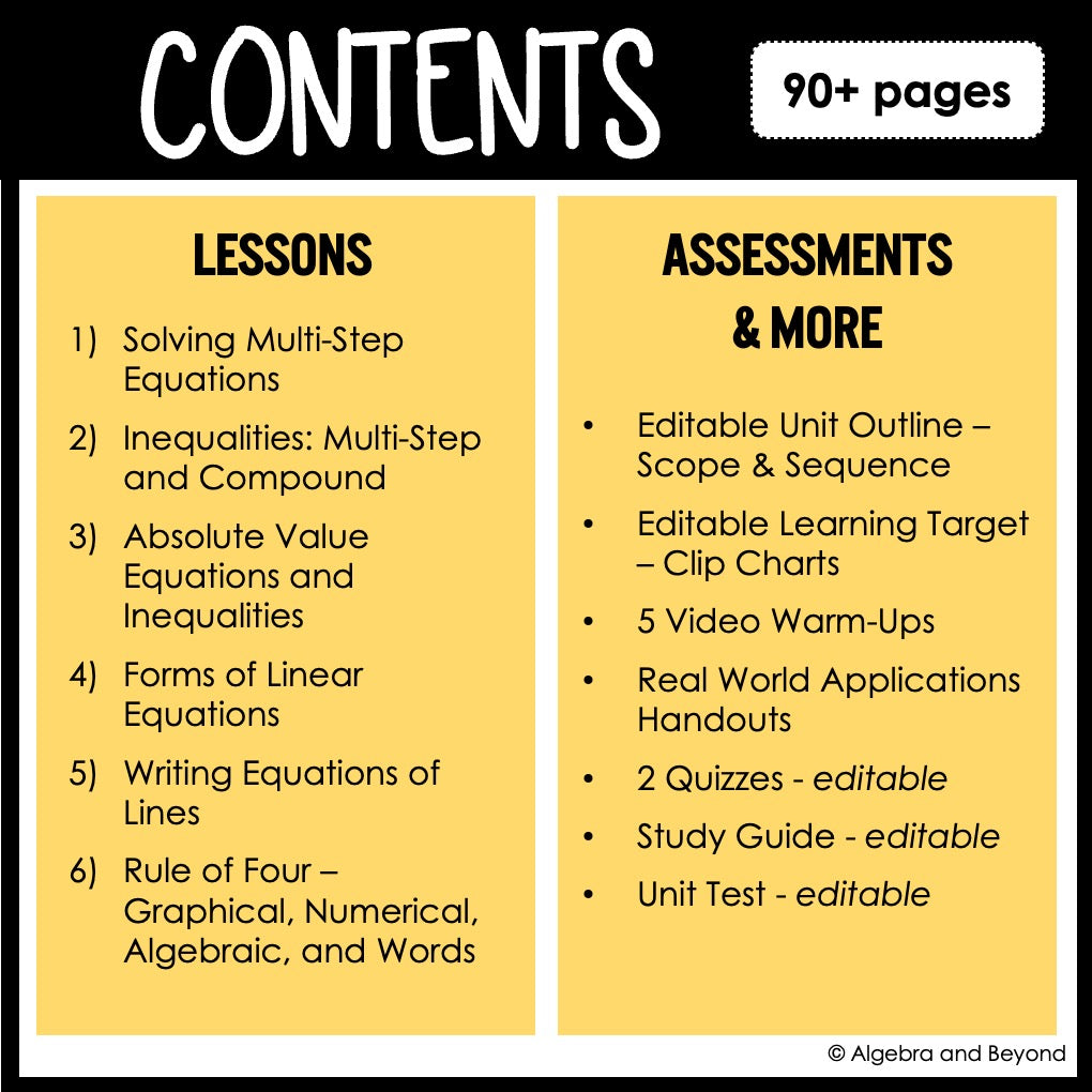Linear Equations and Representations Unit Bundle | Algebra 2 | Guided Notes | Homework
