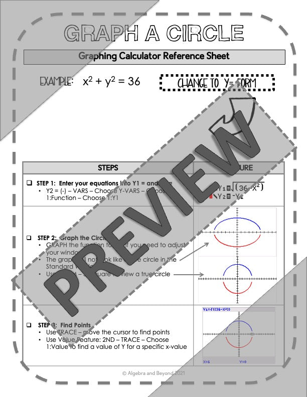 Graph a Circle | TI -84 Graphing Calculator Reference Sheet