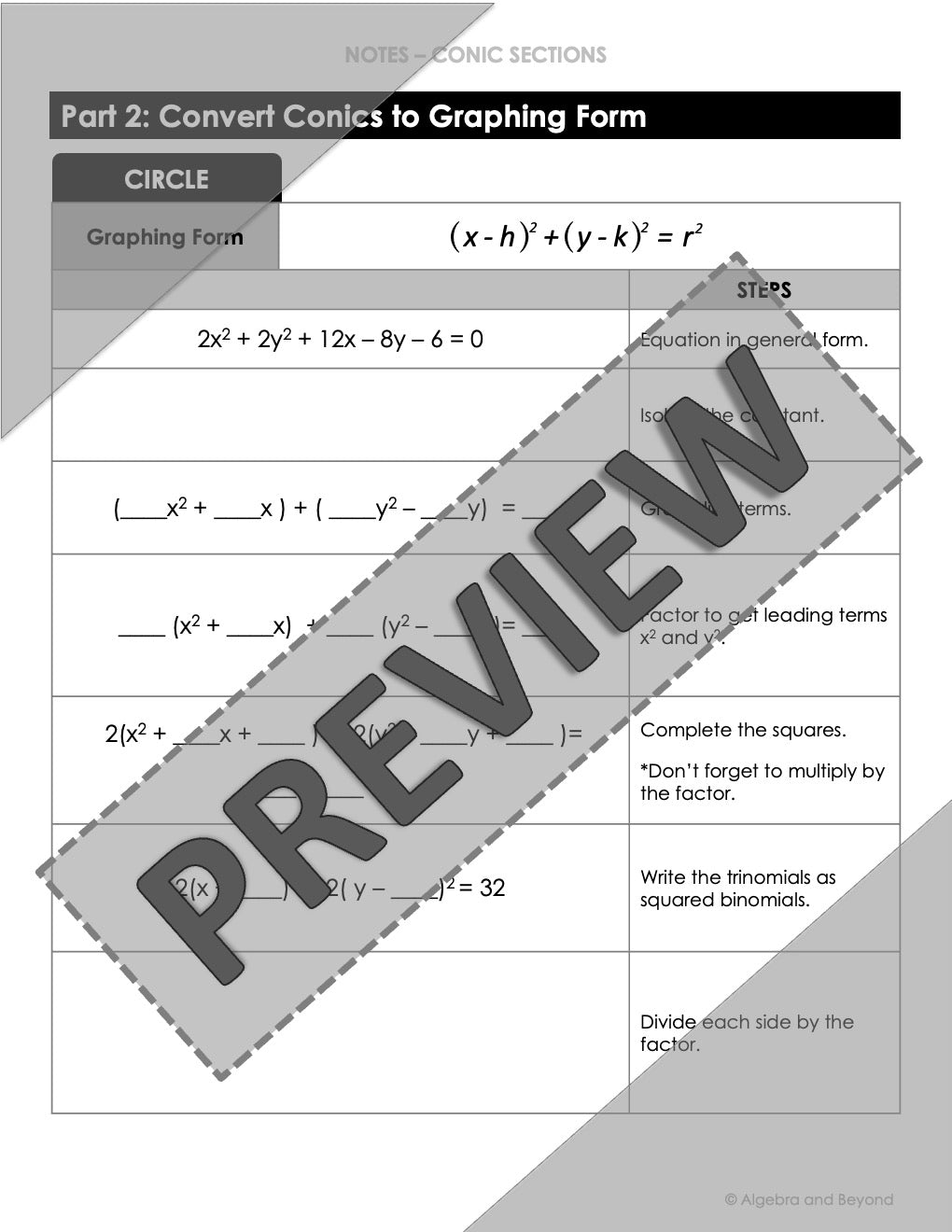 Convert Conic Equations to Graphing Form Lesson | Video | Guided Notes | Homework