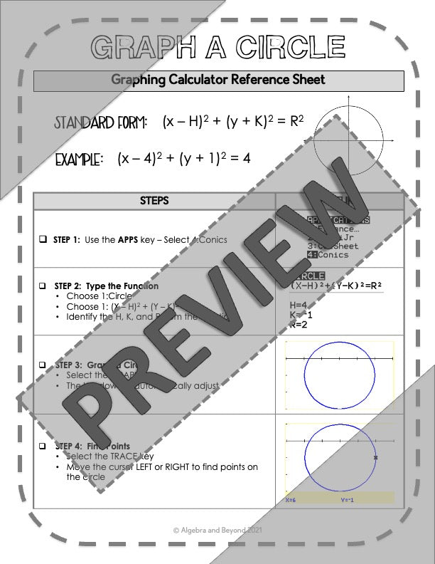 Graph a Circle | TI -84 Graphing Calculator Reference Sheet