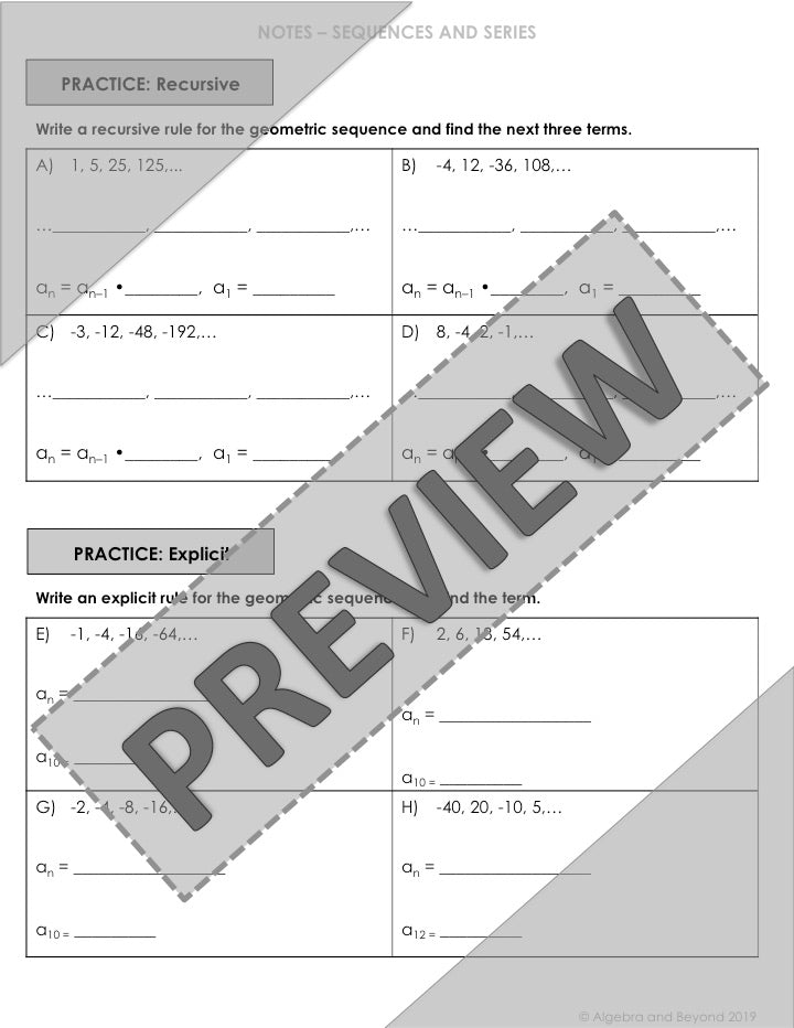 Geometric Sequences Lesson | Video | Guided Notes | Homework