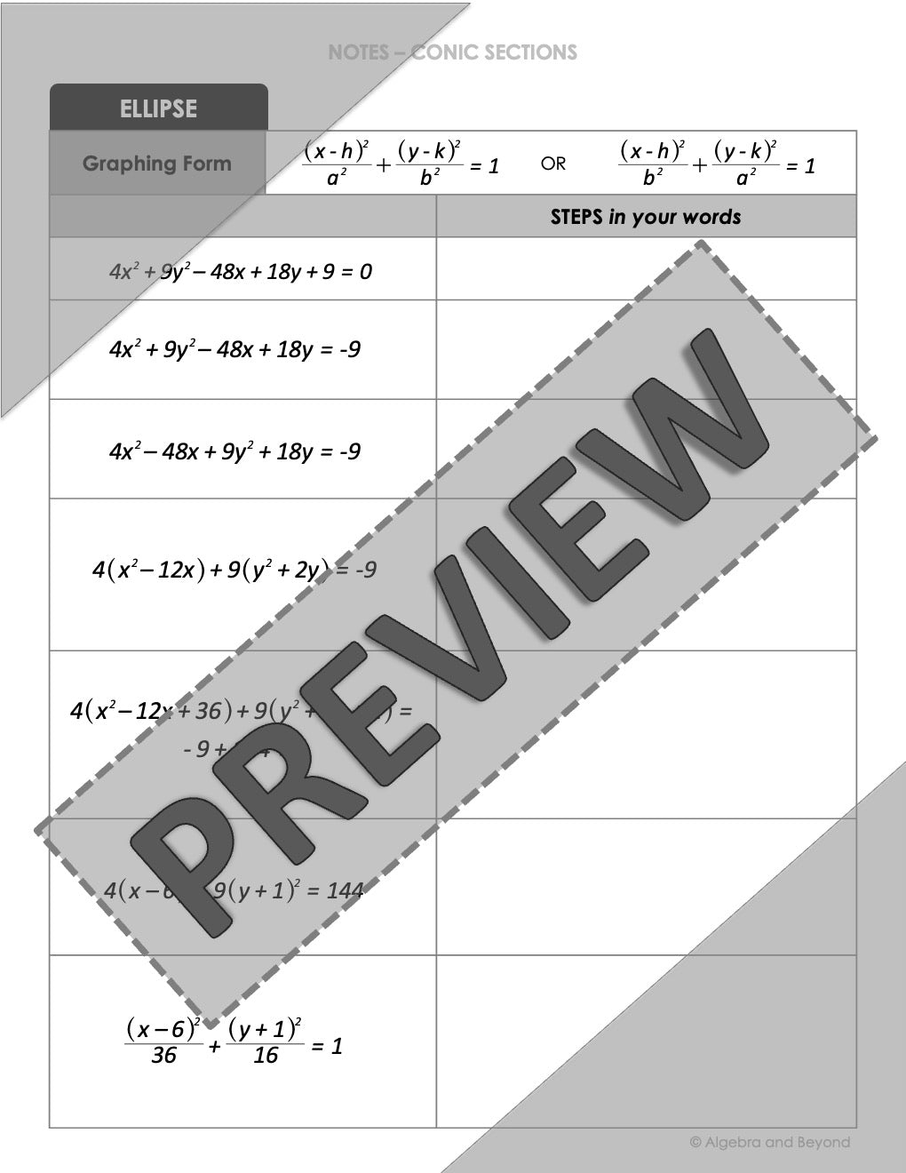 Convert Conic Equations to Graphing Form Lesson | Video | Guided Notes | Homework