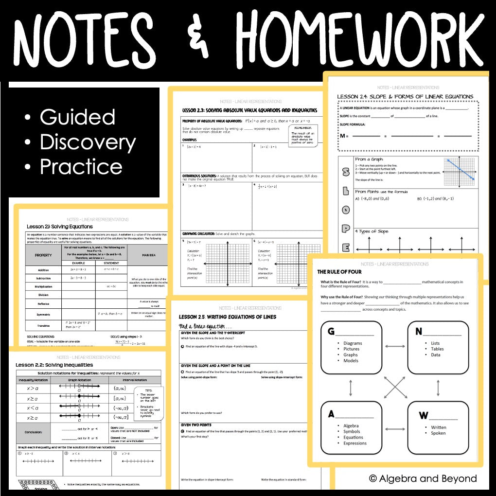 Linear Equations and Representations Unit Bundle | Algebra 2 | Guided Notes | Homework