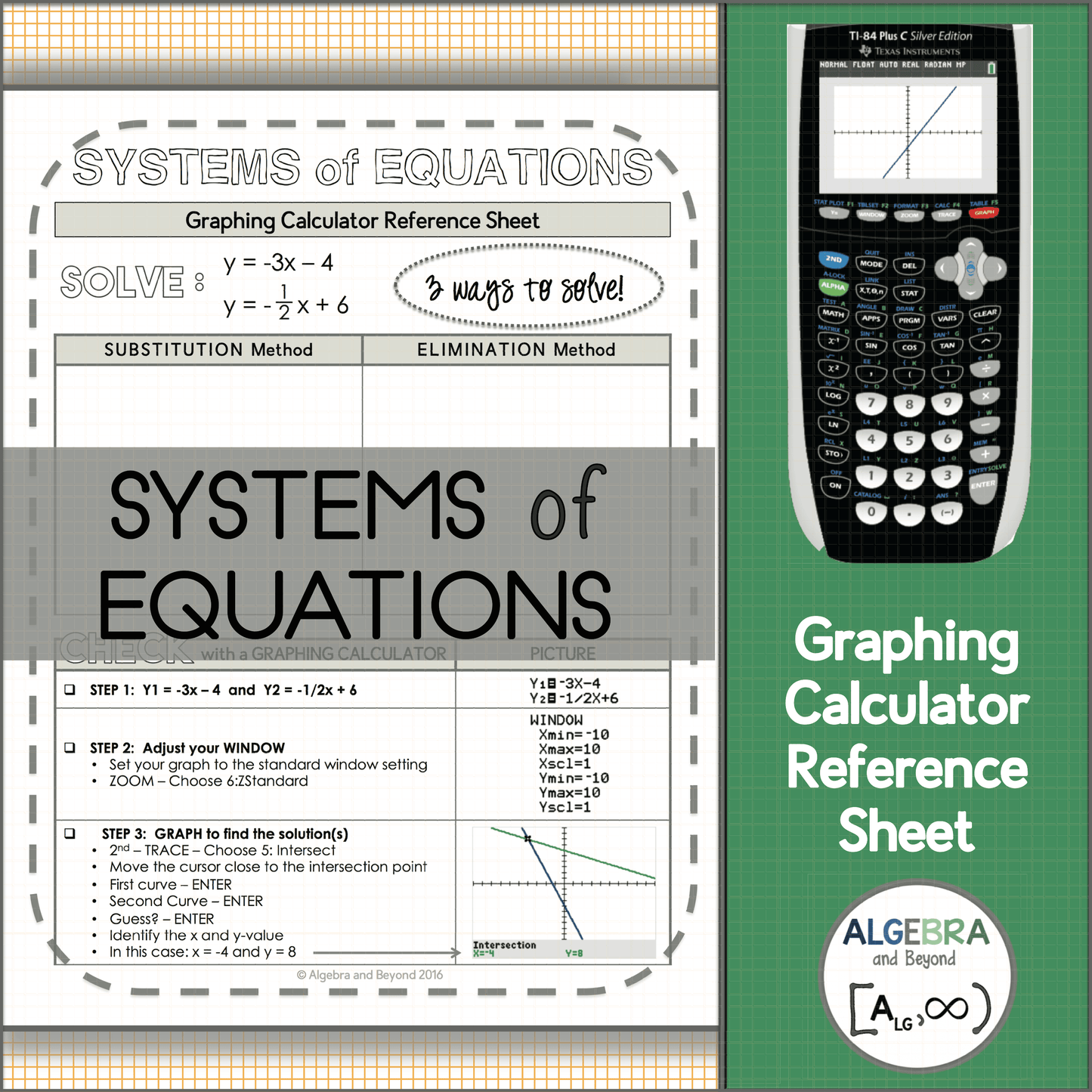 Graphing Systems of Equations | TI-84 Calculator Reference Sheet and Practice