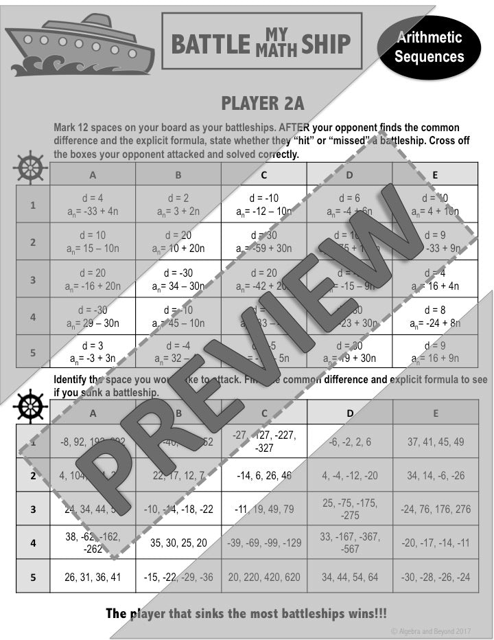 Arithmetic Sequences Activity | Battle My Math Ship Game | Print and Digital