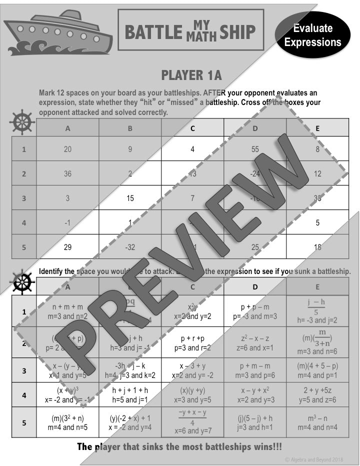 Evaluate Expressions Activity | Battle My Math Ship Game | Print and Digital