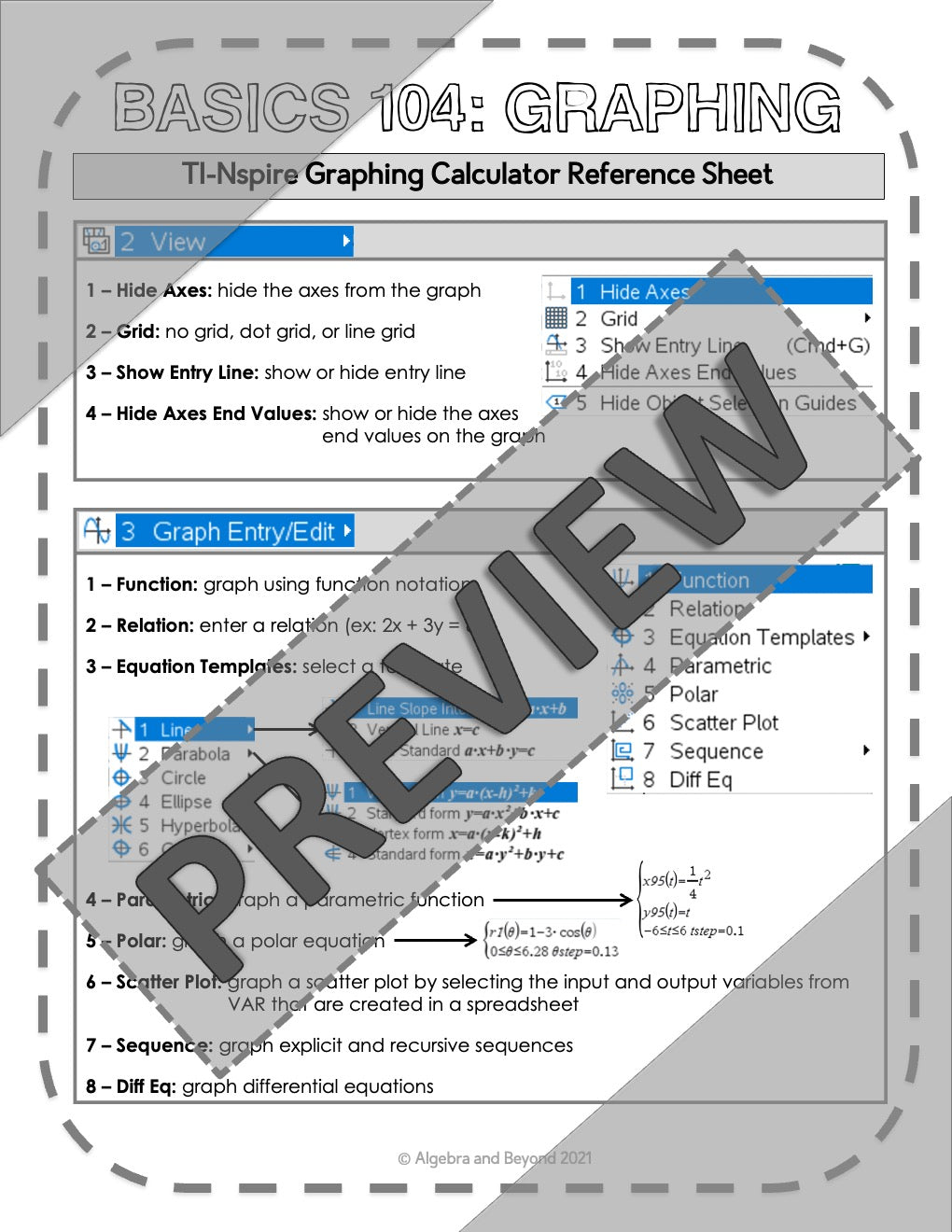 Graphing Functions - TI-Nspire Graphing Calculator Reference Sheets