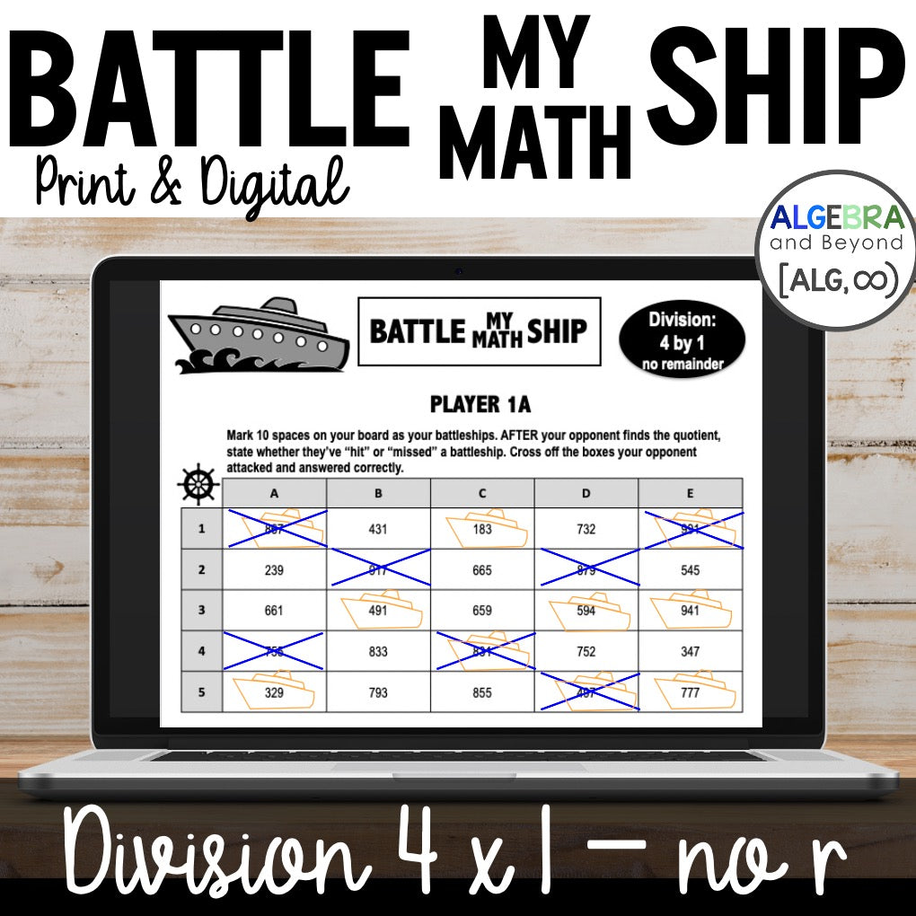 Long Division 4 digits by 1 digit without Remainders Activity | Battleship Game