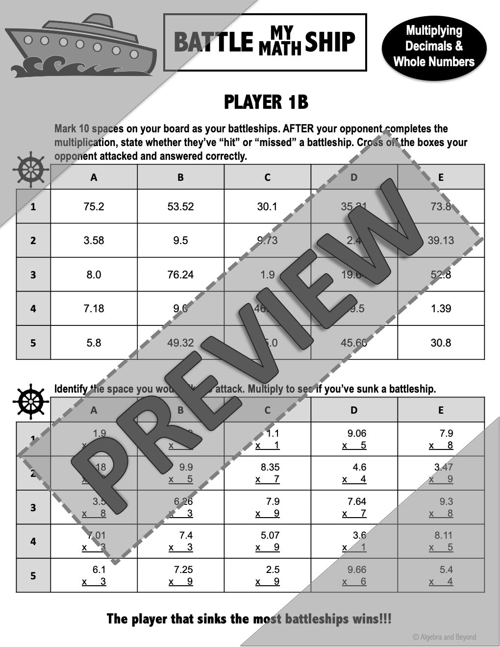 Multiplying Decimals by a Whole Number Activity | Battle My Math Ship Game