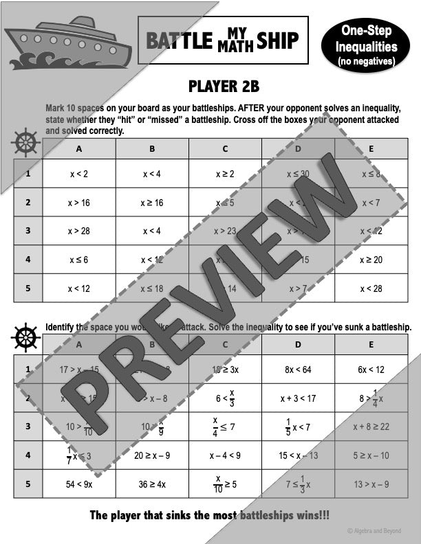 One-Step Inequalities Activity | without Negatives | Battle My Math Ship Game