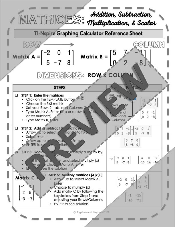 Operations with Matrices | TI-Nspire Calculator Reference Sheet