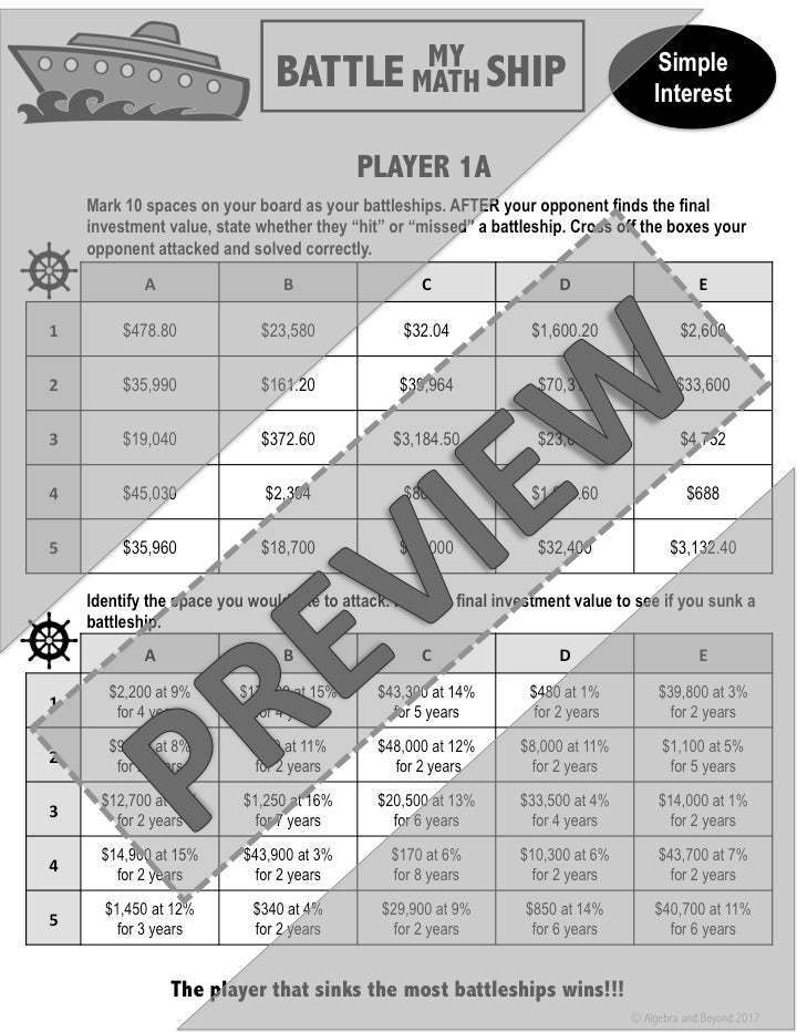 Simple Interest Activity | Battle My Math Ship Game | Print and Digital