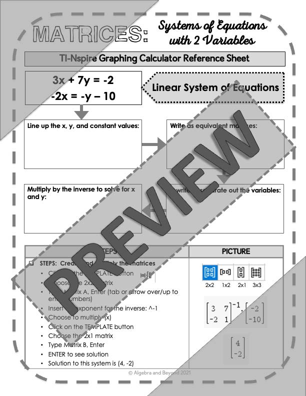 Systems of Equations with Matrices | TI-Nspire Calculator Reference Sheets