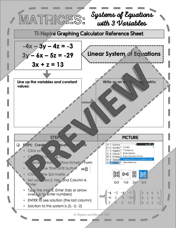 Systems of Equations with Matrices | TI-Nspire Calculator Reference Sheets