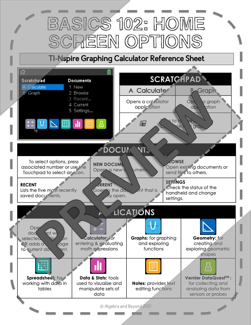 TI-Nspire Graphing Calculator Reference Sheet: Basics 102 | Home Screen