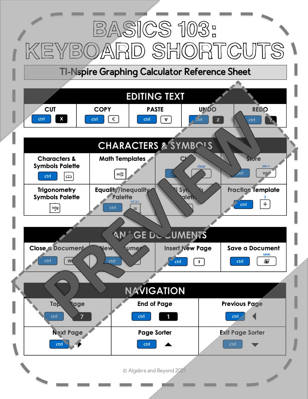 TI-Nspire Graphing Calculator Reference Sheets | Shortcuts | Basics 103