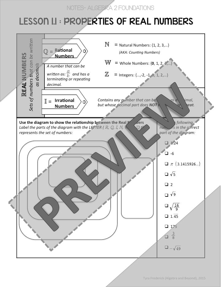 The Real Number System and Properties Lesson | Guided Notes | Homework