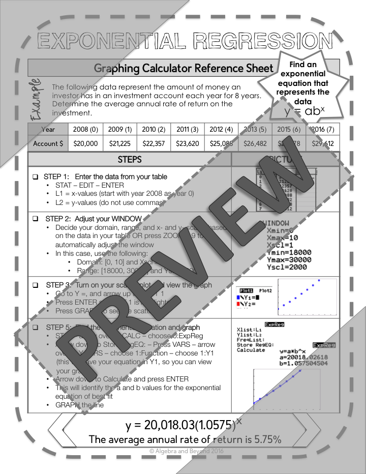 Exponential Regression | TI-84 Graphing Calculator Reference Sheet and Practice