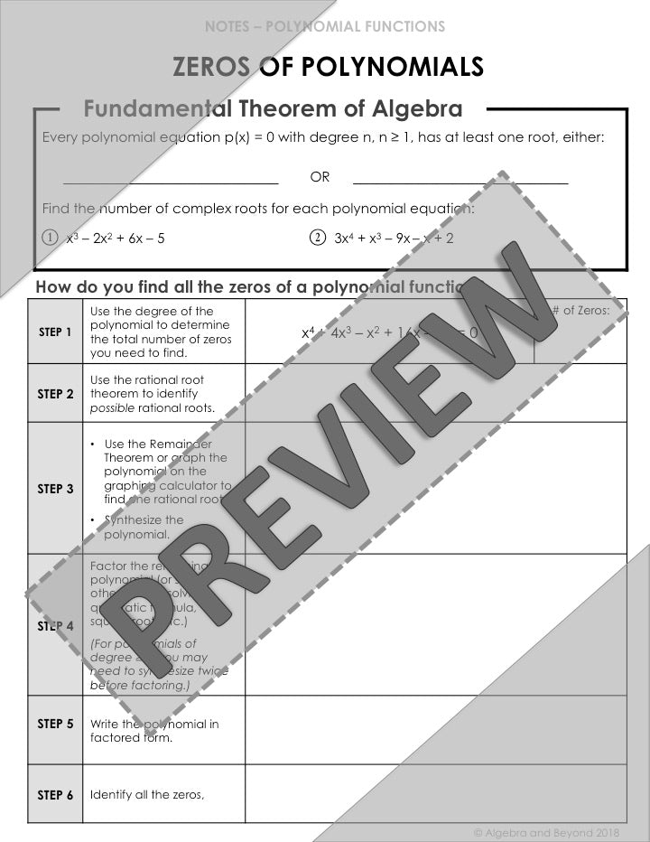 Zeros of Polynomials Lesson | Video | Guided Notes | Homework