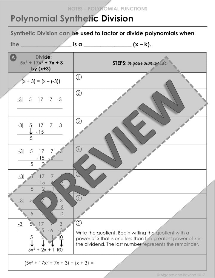 Polynomial Synthetic Division Lesson | Video | Guided Notes | Homework