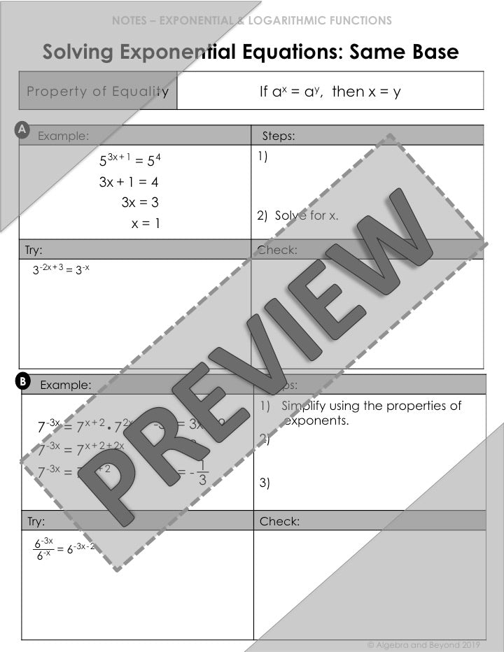 Solve Exponential Equations: Same Base Lesson | Video | Notes | Homework