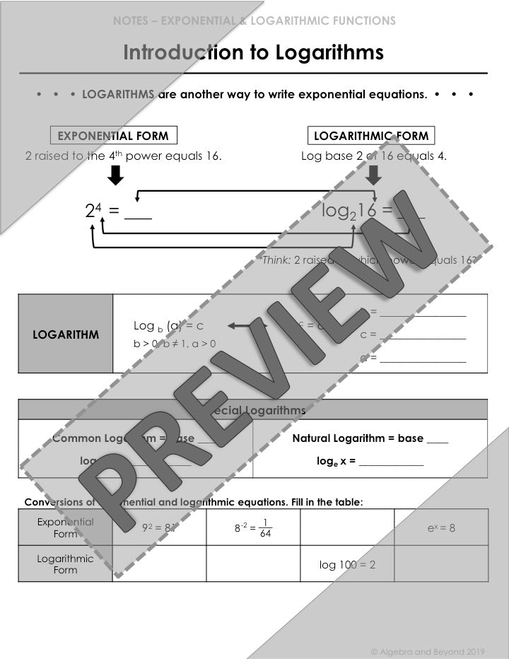 Introduction to Logarithms Lesson | Video | Guided Notes | Homework