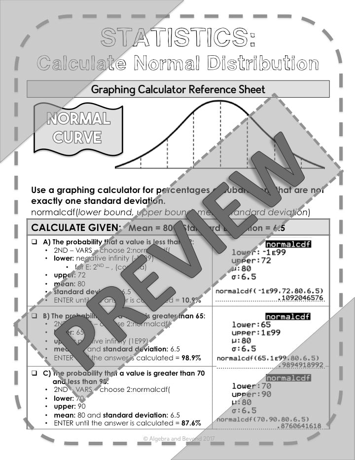 Normal Distribution | Statistics | TI-84 Graphing Calculator Reference Sheet