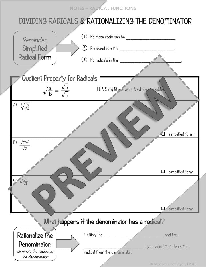 Divide Radicals & Rationalize Denominator Lesson | Video | Notes | Homework