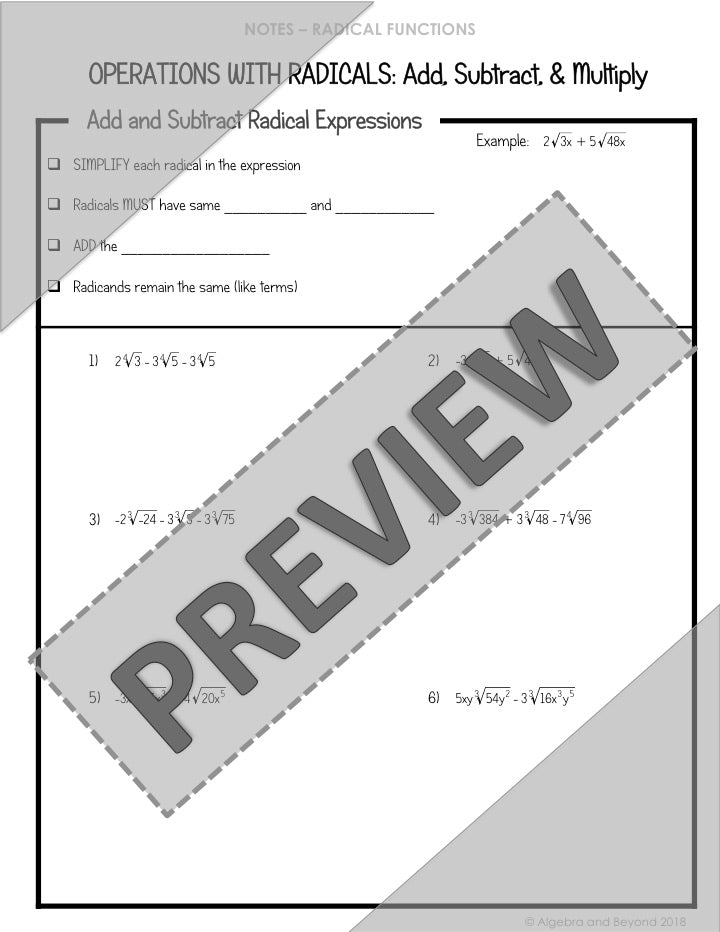 Operations with Radical Expressions Lesson | Video | Guided Notes | Homework