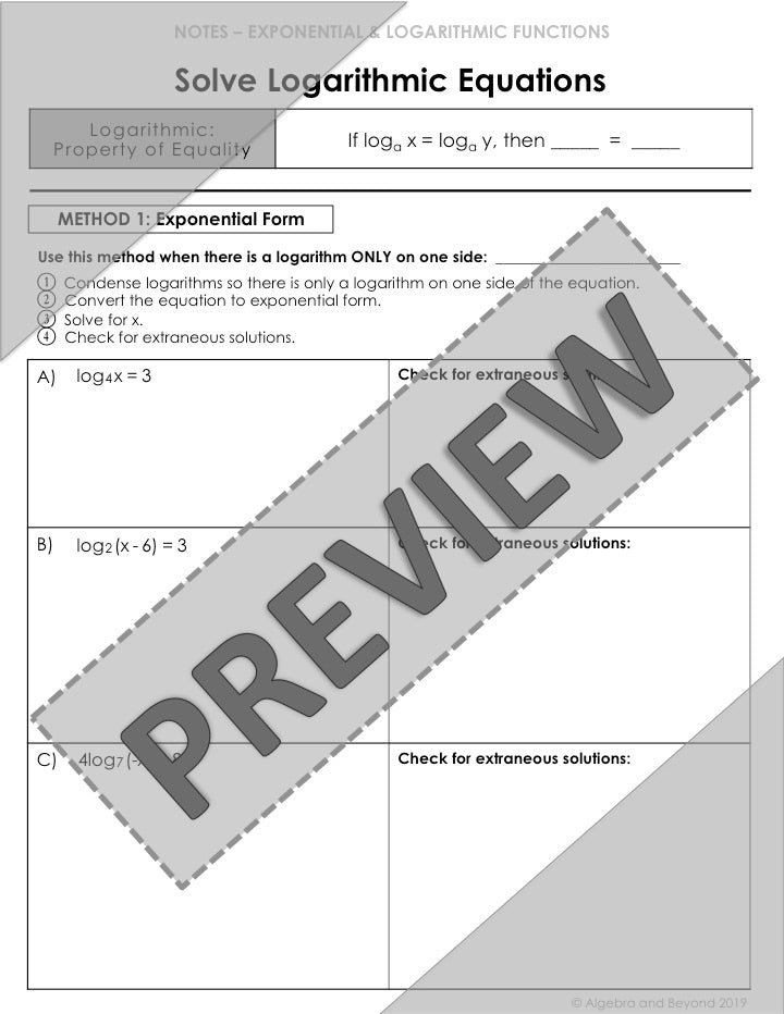 Solve Logarithmic Equations Lesson | Video | Guided Notes | Homework