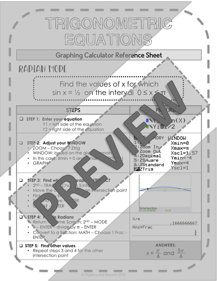 Solve Trigonometric Equations | TI-84 Graphing Calculator Reference Sheet