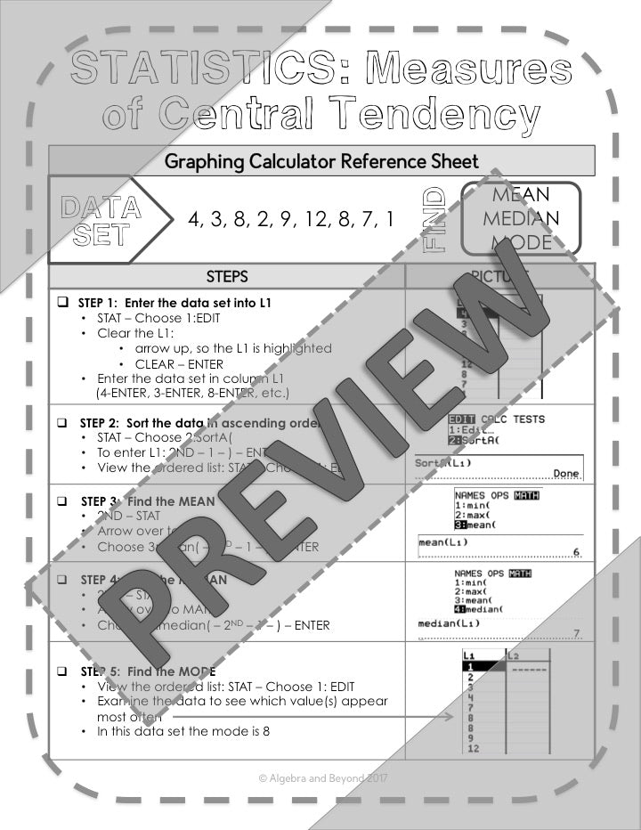 Statistics | Measures of Central Tendency | TI-84 Calculator Reference Sheet