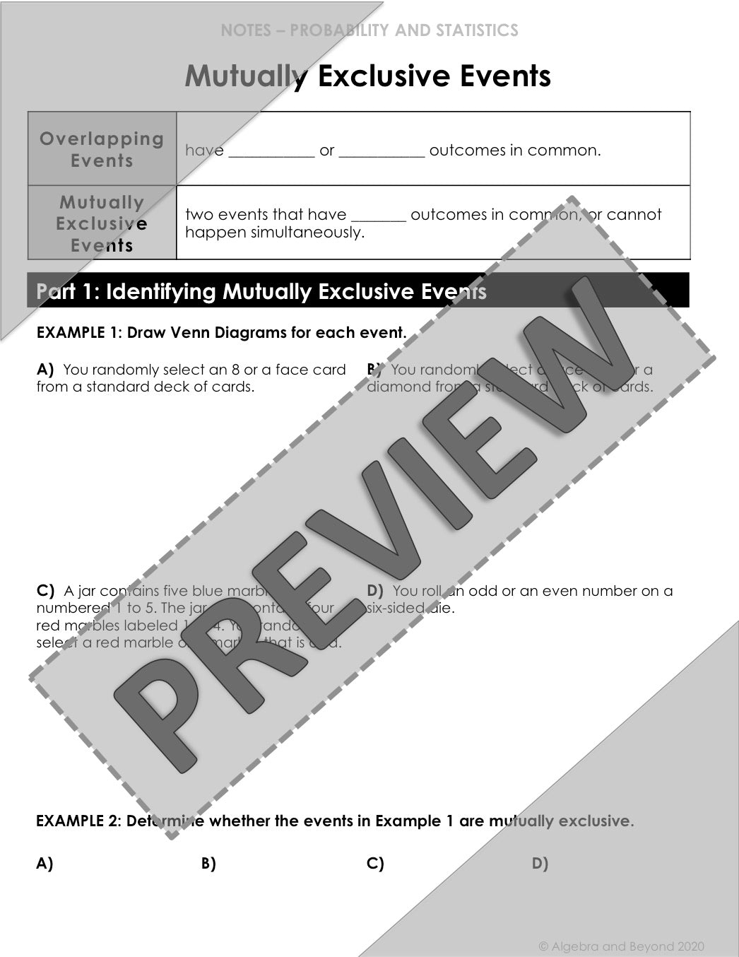 Mutually Exclusive Lesson | Video | Guided Notes | Homework