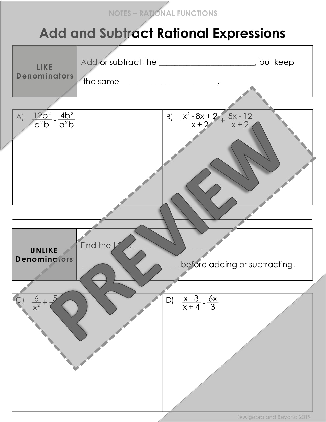Add and Subtract Rational Expressions Lesson | Video | Guided Notes | Homework