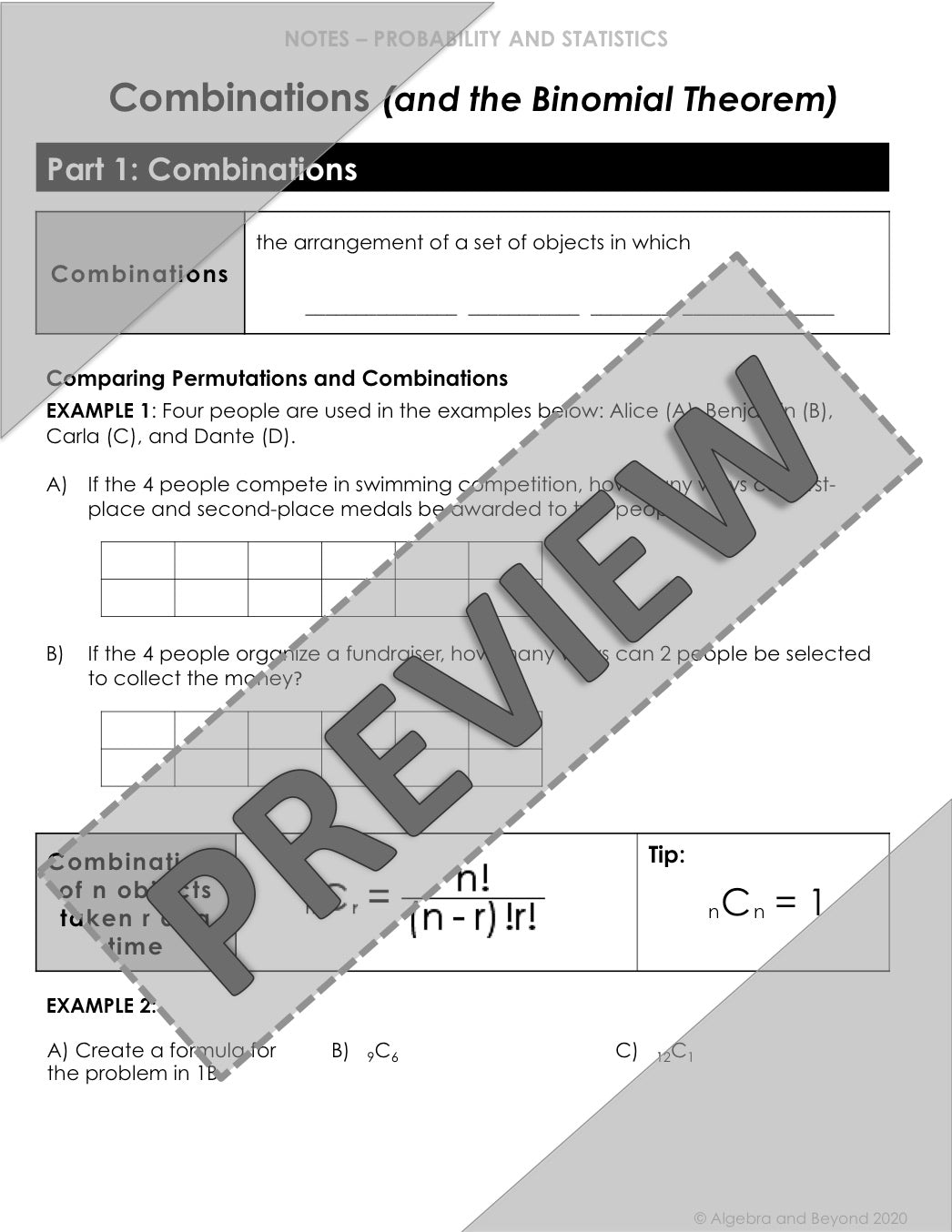 Combinations and Binomial Theorem Lesson | Video | Guided Notes | Homework