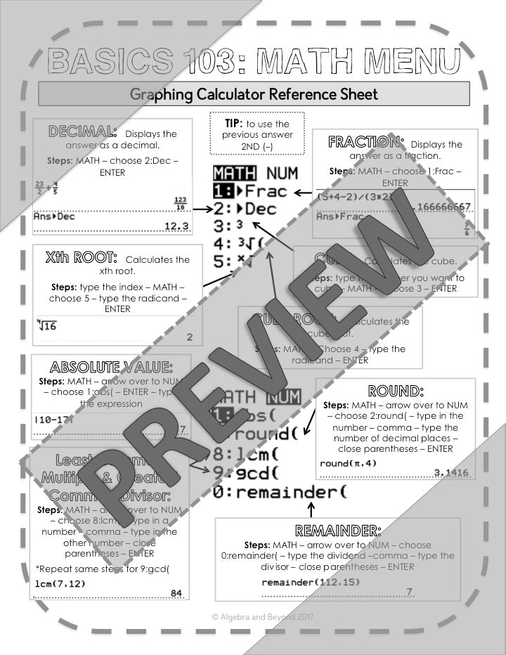 Math Menu, Fractions, and Test Menu | TI-84 Graphing Calculator Reference Sheet