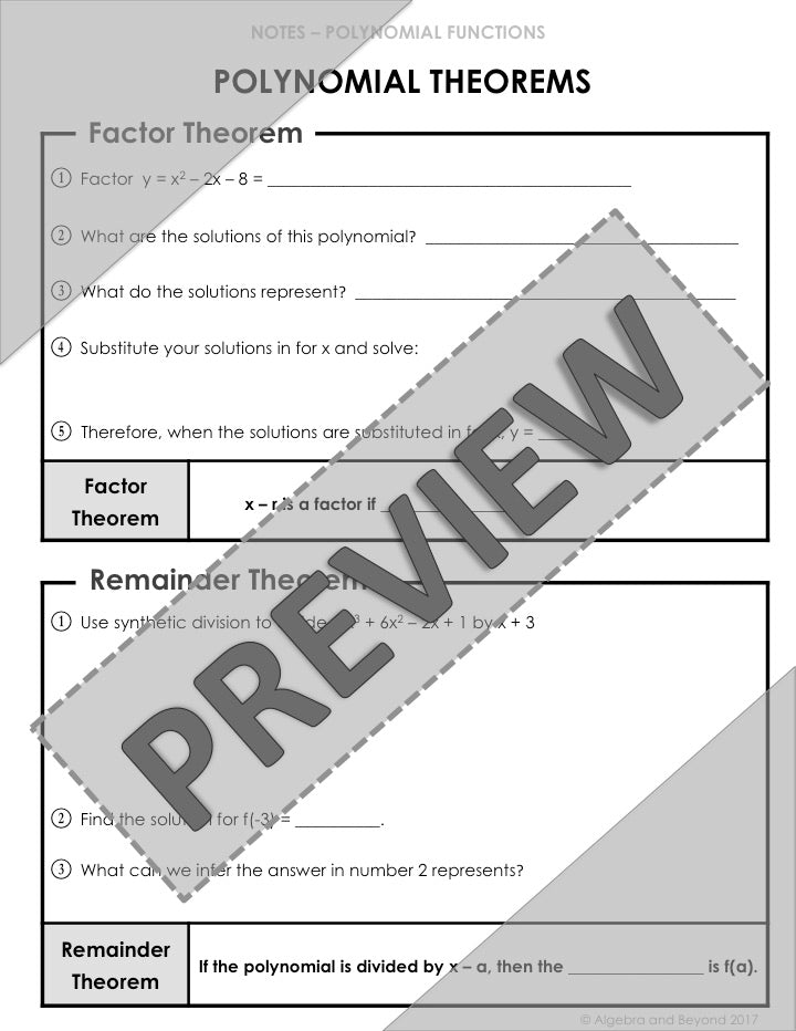 Polynomial Theorems Lesson | Video | Guided Notes | Homework