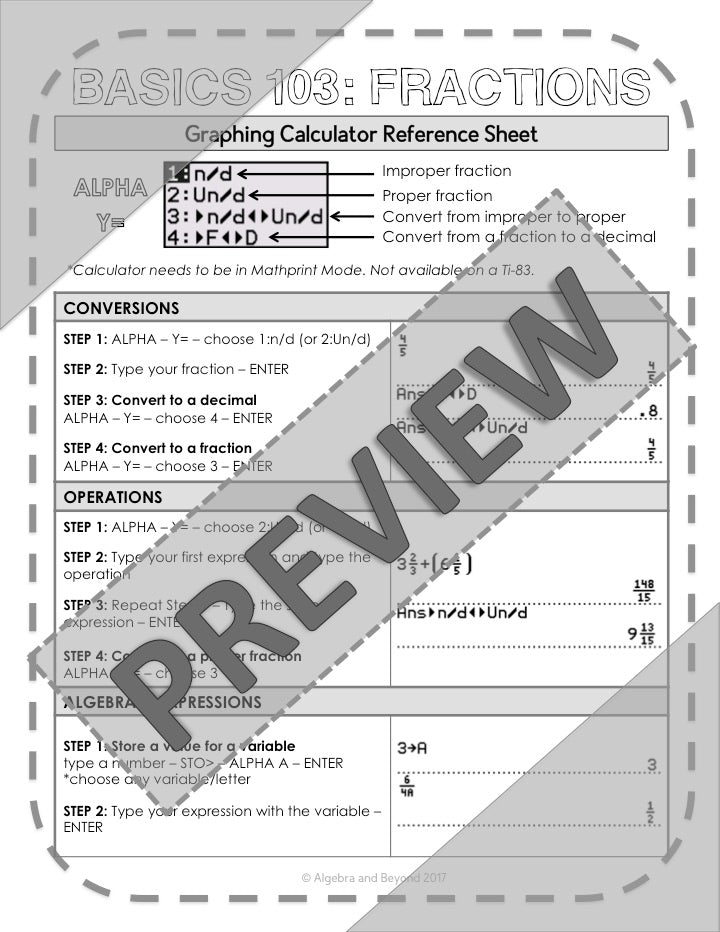 Math Menu, Fractions, and Test Menu | TI-84 Graphing Calculator Reference Sheet