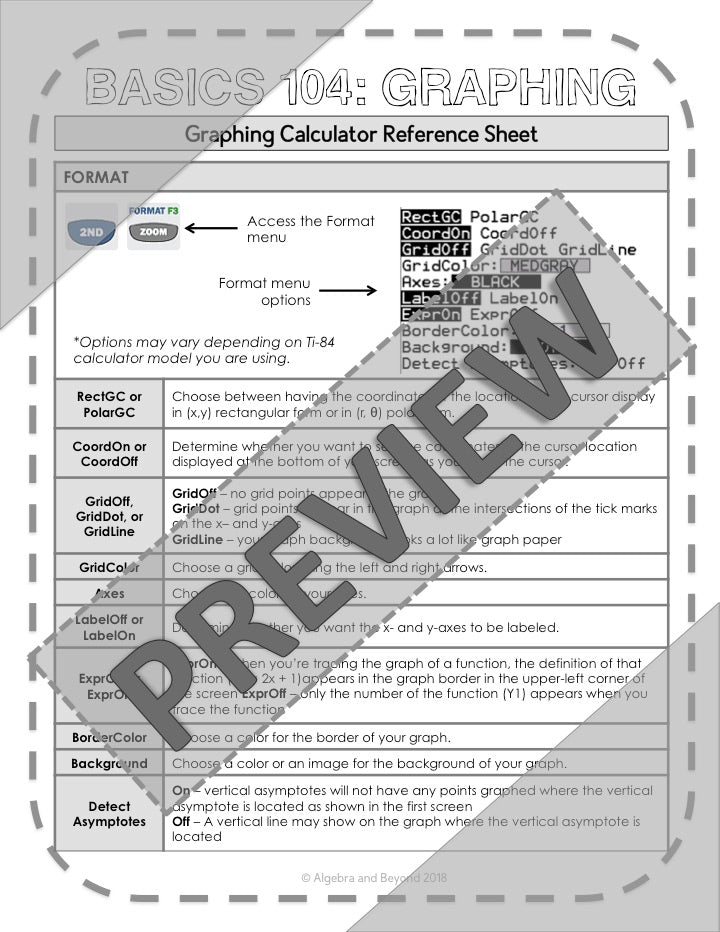 Graphing Functions | TI-84 Graphing Calculator Reference Sheet