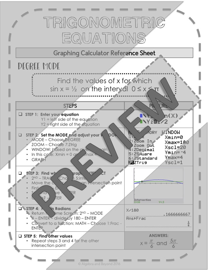 Solve Trigonometric Equations | TI-84 Graphing Calculator Reference Sheet