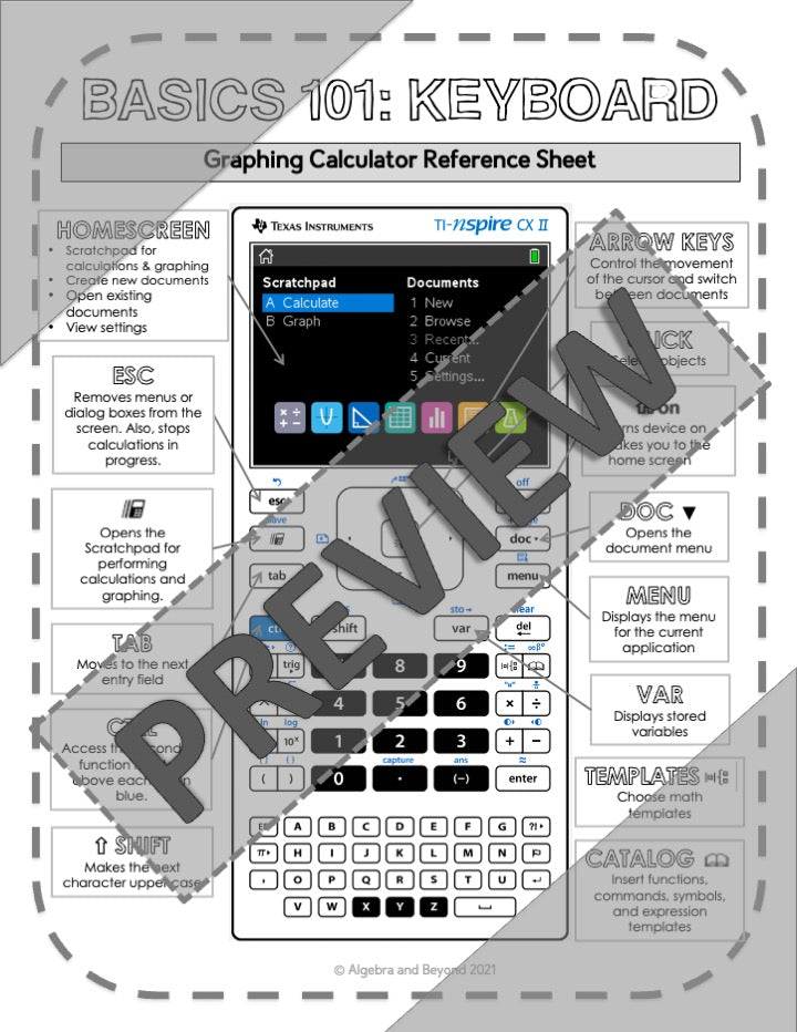 Basics 101 - Keyboard | TI-Nspire Graphing Calculator Reference Sheet