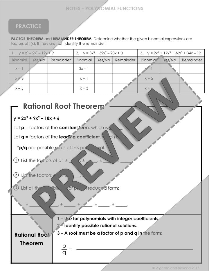 Polynomial Theorems Lesson | Video | Guided Notes | Homework